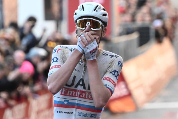 Tadej Pogacar (UAE Team Emirates) breaks away 81 kilometres before the finish at Strade Bianche and takes an unforgettable victory, 02 March 2024.