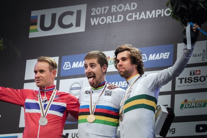 Unbelievable: At the 2017 World Championships in Bergen, Norway, Sagan beats Alexander Kristoff (left) and Michael Matthews to become world champion for the third time in a row.
