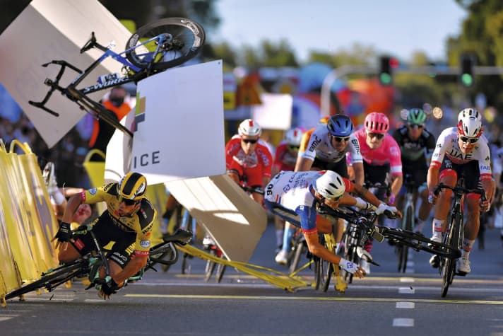 Shot: Fabio Jakobsen (right) and Dylan Groenewegen crash heavily on a downhill finishing straight at the Tour of Poland 2020.