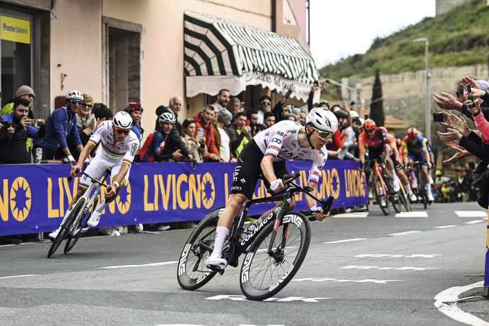 Brakeman: Mathieu van der Poel (left) doesn't let Pogačar out of his sight.