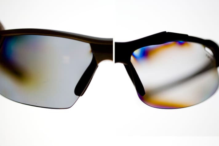   Laboratory trick: polarising filters mounted under tension (Tifosi, right) appear uneven. Homogeneous optics, on the other hand, are available from Scott (left) 
