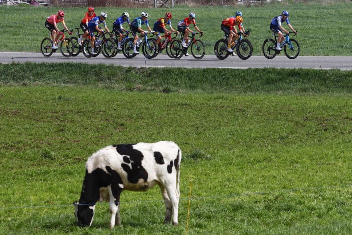 Eine zehn Fahrer starke Ausreißergruppe setzt sich ab, wird aber wieder vom Peloton eingeholt