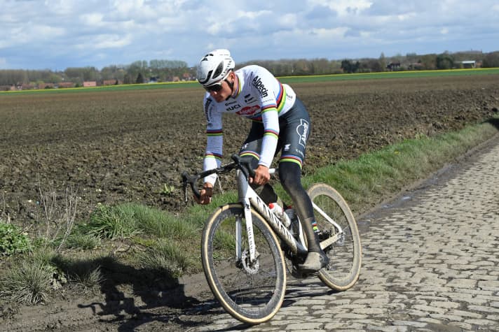 Mathieu van der Poel inspiziert das Kopfsteinpflaster von Paris-Roubaix