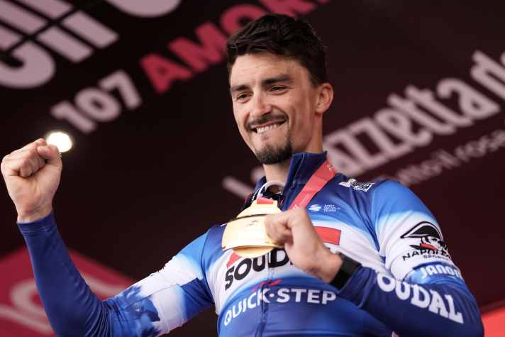 The old man again? Julian Alaphilippe celebrated the stage win in Fano as a breakaway rider.