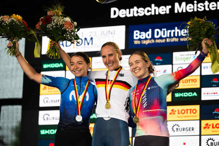 In 2024, Franziska Koch (centre) won the road race title at the German Cycling Championships ahead of Liane Lippert (left) and Antonia Niedermaier (right)