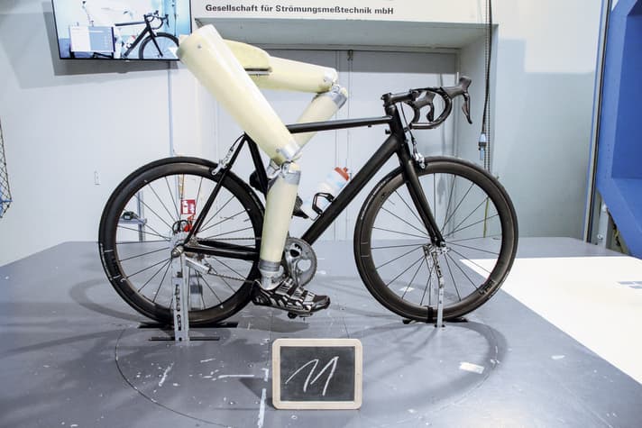 La soufflerie : Nous mesurons les roues dans un vélo complet avec les jambes qui pédalent.