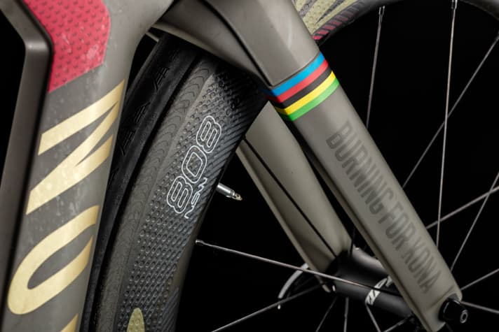   Bremsabdeckung: Beim alten Speedmax saß die vordere Bremse hinter dem Gabel­kopf, beim neuen Modell sitzt sie vorne. Nur erahnen lässt sich die formschlüssig in die Gabel inte­grierte Abdeckung der Bremse. Das hochkomplexe Bauteil aus Zwei-Komponenten-­Kunststoff wird von einem Zulieferer in ­Dresden gefertigt. Die meisten Bauteile des Rades werden aber, wie heute bei Carbon-Rädern ­üblich, in Asien produziert.