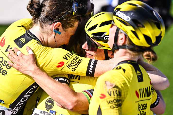 Group jubilation: Winner Pauline Ferrand-Prévot is embraced by her team-mates