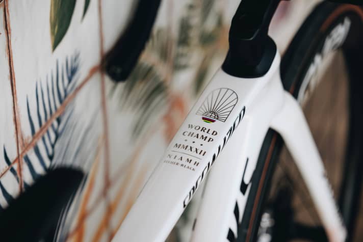 Ein Blick auf das Oberrohr des Rennrads von Niamh Fisher-Black