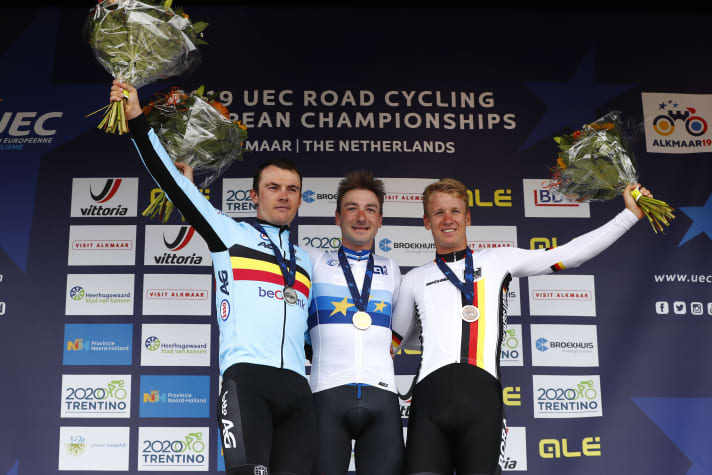 Das Podium der Europameisterschaft 2019: Yves Lampaert, Elia Viviani und Pascal Ackermann