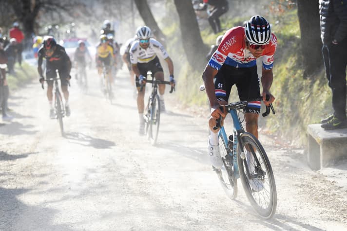 Mathieu van der Poel, Julian Alaphilippe and Egan Bernal on one of the last gravel sections towards the finish of Strade Bianche 2021.