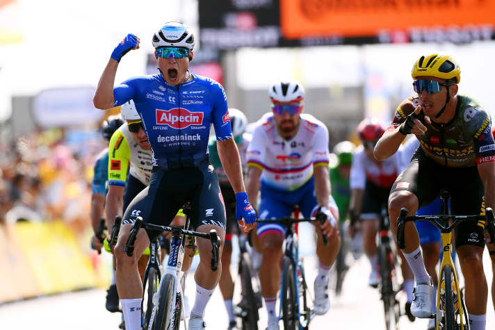 Jasper Philipsen (left) mistakenly thought he had won stage 4 of the Tour de France