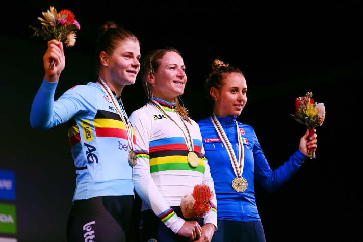  2022 World Cycling Championships: Lotte Kopecky, Annemiek van Vleuten and Silvia Persico (from left) 