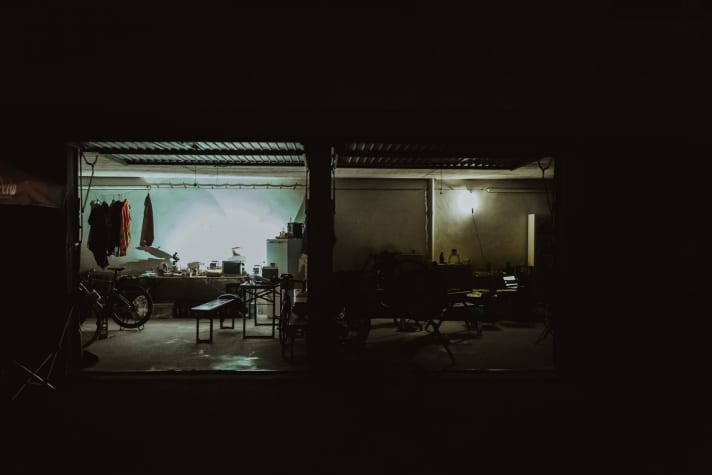 The home base of our frenzied flat-sharing community: the right-hand garage at a farm on the edge of Kelheim's old town. Another team was housed in the garage on the left.