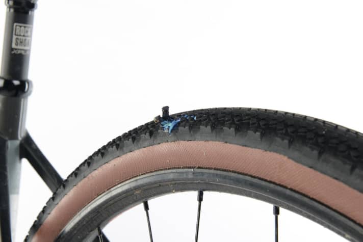 Successful repair of a tubeless tyre: the protruding rubber sausage wears off over time.
