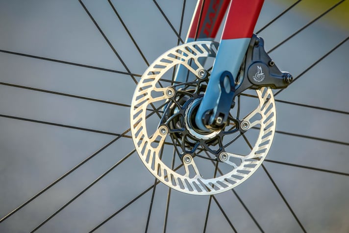  Campagnolo Scheibenbremse – Ohne Adapter: Der vordere Bremssattel lässt sich nur mit 160-Millimeter-Scheiben verwenden