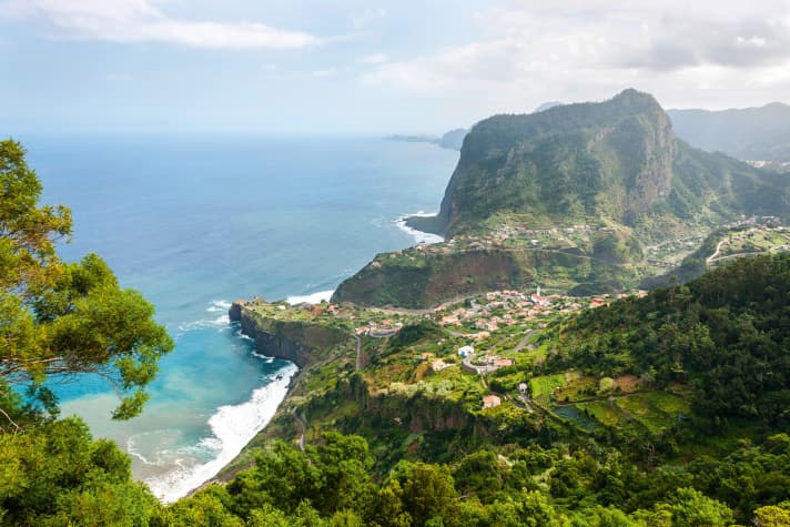 View: The Penha de Aguira (Eagle Rock) rises 600 metres out of the Atlantic Ocean