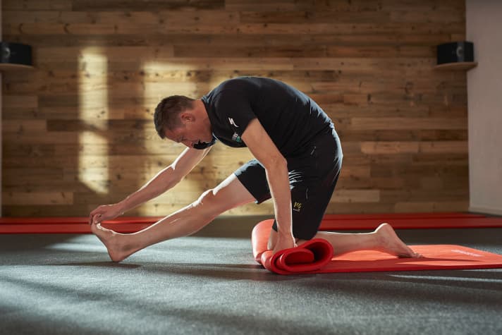  This stretching exercise focuses on the muscles on the back of the legs, which are often shortened in cyclists.