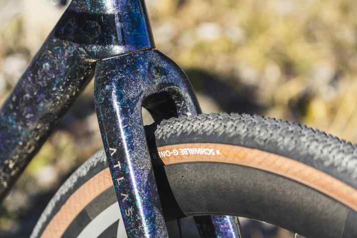 A front pannier rack can be mounted on the Atlas, as can a dynamo light. The fork has a prepared cable duct