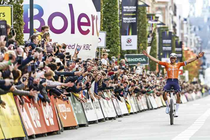 Title collector: Mathieu van der Poel celebrates as the new elite gravel world champion