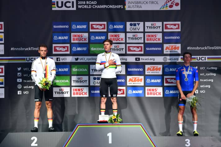 Talented: Mayrhofer (left) was runner-up behind Remco Evenepoel at the 2018 Junior World Championships