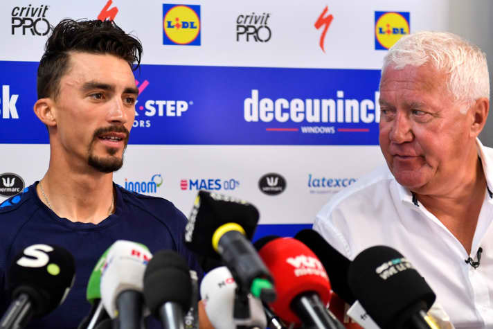 Julian Alaphilippe (left) and Patrick Lefevere during the 2019 Tour de France