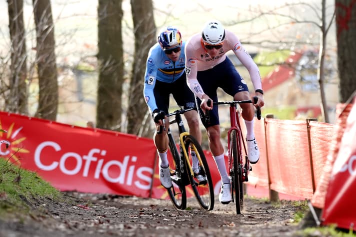 Long-time rivals Mathieu van der Poel (front) and Wout van Aert at the Cyclocross World Championships in Hoogerheide