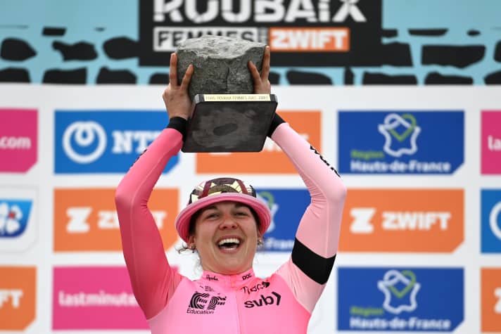 This year's Paris-Roubaix women's race was won by Alison Jackson, while Mathieu van der Poel won the men's race. Both were presented with a cobblestone