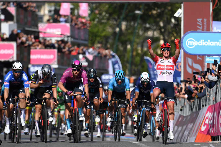 Mads Pedersen (right) celebrates, Pascal Ackermann (second from left) comes third