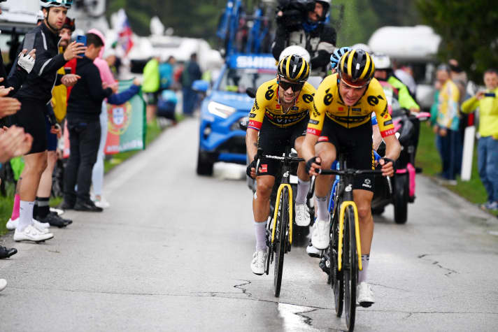 Primoz Roglic (back) was able to rely on the help of Sepp Kuss on the final climb to Monte Bondone