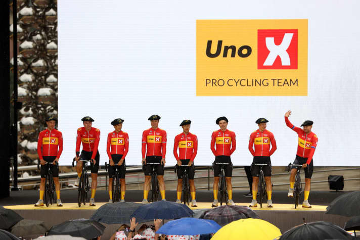 Das Team Uno-X bei der Teampräsentation der Tour de France 2023 in Bilbao