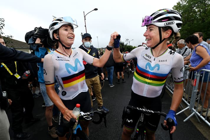 Annemiek Van Vleuten (right) is delighted with Liane Lippert's stage win.