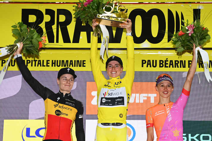 Close: Lotte Kopecky (left) in 2023 as overall runner-up of the tour - behind Demi Vollering (in yellow) and ahead of Kasia Niewiadoma, who won the previous year
