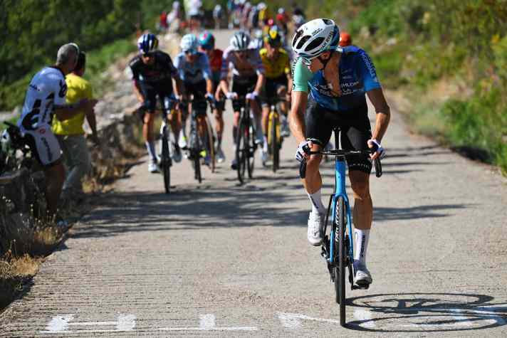 Felix Gall (front) attacks on the final climb, but can't get away ...