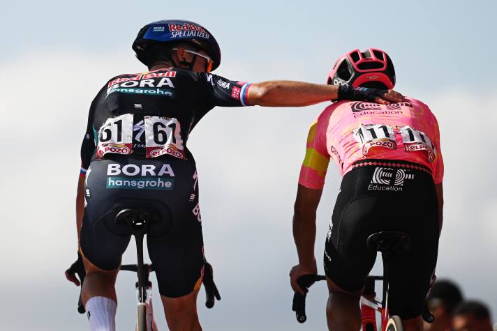 Battle for overall victory postponed: Primoz Roglic (left) and Richard Carapaz (right) held back on stage 12