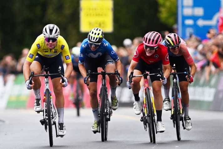 Lotte Kopecky (left) defends the yellow jersey at the Tour de Romandie Feminin with third place, Liane Lippert (right) finishes sixth on stage 3