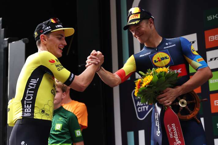 Olav Kooij (left) narrowly won the Cyclassics 2024 ahead of Jonathan Milan (right)