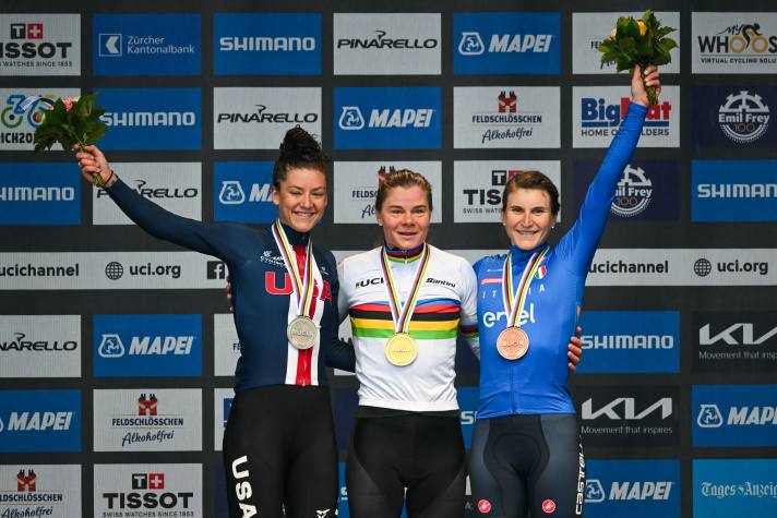 Lotte Kopecky (centre) defended her world championship title in the road race at the 2024 World Cycling Championships. She won ahead of Chloe Dygert (left) and Elisa Longo Borghini (right)