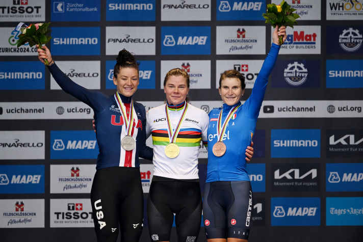 Le podium des championnats du monde de Zurich l'année dernière : la championne du monde Lotte Kopecky (au centre), la deuxième Chloe Dygert (à gauche) et Elisa Longo Borghini
