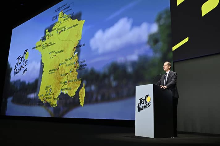 Tour boss Christian Prudhomme at the official route presentation of the Tour de France 2025