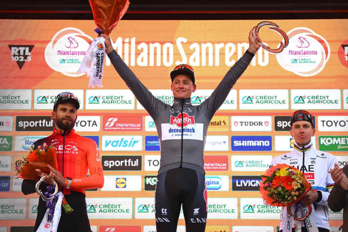 Mathieu van der Poel (centre) wins Milan-San Remo 2025 ahead of Filippo Ganna (left) and Tadej Pogačar (right)