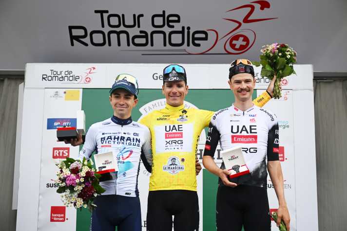 The podium of the overall classification of the Tour de Romandie 2025