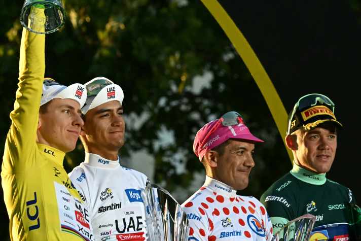 Die vier Trikotträger der Tour de France 2026: Tadej Pogacar, Isaac Del Toro, RIchard Carapaz und Mads Pedersen | Foto Getty Images