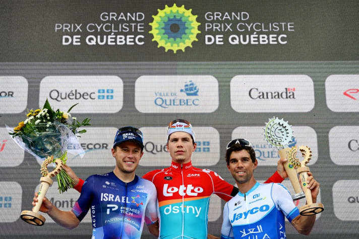 Arnaud De Lie (centre) achieved his first World Tour victory at the Grand Prix Cycliste de Quebec. The top talent still has a lot to look forward to in the future