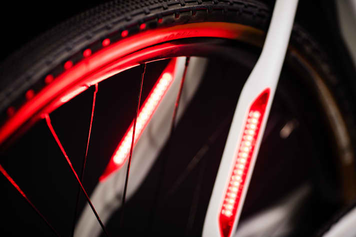 Left and right rear lights are built into the seat stays of the LeMond All-Road Prolog E-road bike.