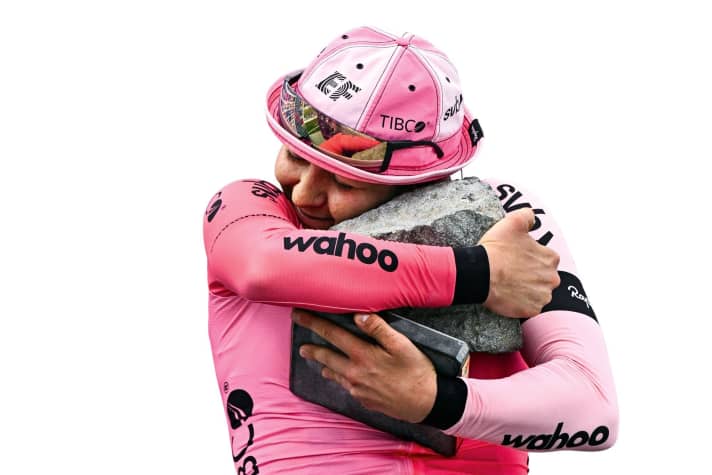 Stone in the heart: A highly emotional victory for the outsider: Alison Jackson clutches the coveted trophy tightly after her success at Paris-Roubaix.