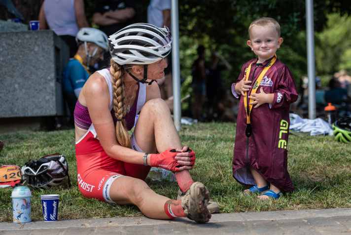 I wonder if he travelled with us? Anyone who wears their mum's Finischer jersey and medal should be proud.