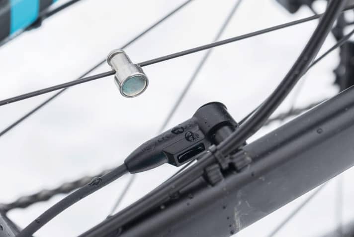 Unsightly special solutions: On fat bikes, the spoke magnets are so far away from the chainstays that the speed sensors sit on long mounting bases.