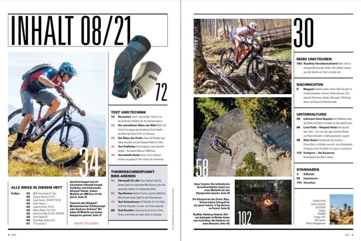 Inhalt: 10 Bikes zwischen 2499 und 11599 Euro im Test, der Themenschwerpunkt Bike-Arenen und 48 Seiten Enduro-Spezial extra – jetzt in BIKE 8/2021.
