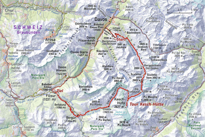   Overview map of the 2-day tour to the Kesch Hut